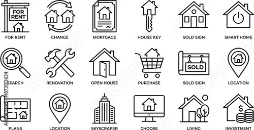 Real estate line icon set featuring rent mortgage purchase renovation investment smart home location housing concepts for modern property marketing