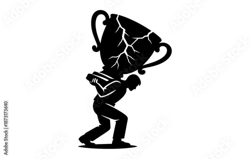 Silhouette of man carrying cracked trophy symbolizing burden of success