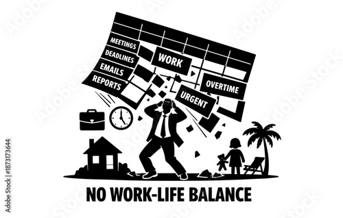 Stress of no work-life balance with overworked male and child illustration