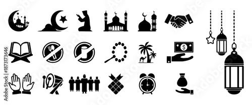 Collection of black Islamic symbols and icons representing various religious and cultural elements displayed on a clean white background