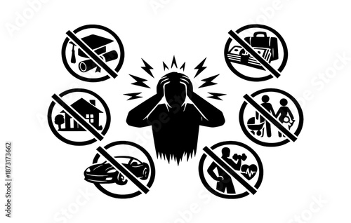 Silhouette of person overwhelmed by life challenges including family, finances, health, education, work, housing, and transportation