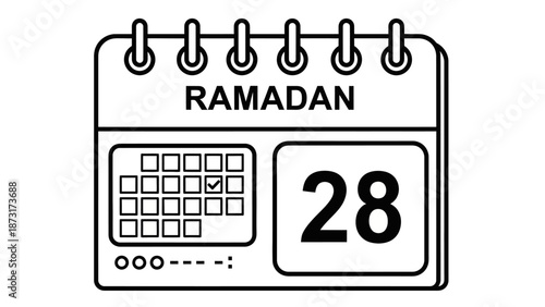 Calendar page displaying Ramadan date 28 in a simple line art illustration on a clean background viewed from directly above