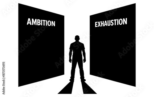 Silhouette of man facing ambition and exhaustion in dramatic contrast