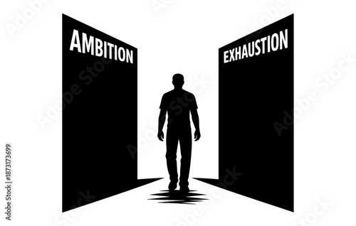 Silhouette of young adult male walking between ambition and exhaustion