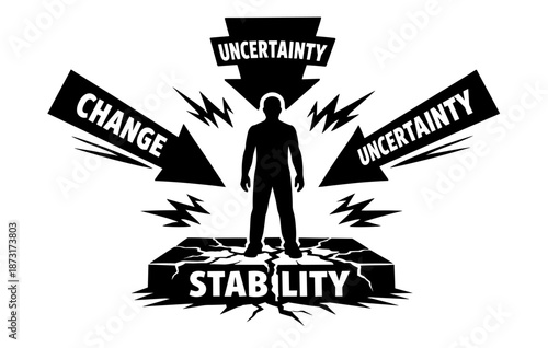 Silhouette of person facing change and uncertainty on cracked stability platform