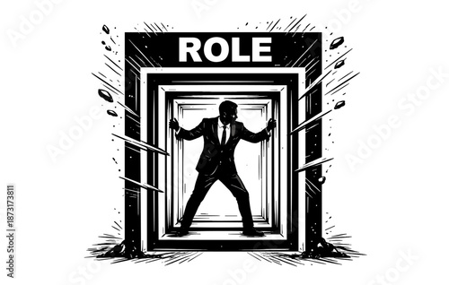 Businessman breaking free from role constraint in dramatic black and white illustration