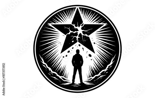 Monochrome silhouette of man under cracked star emblem