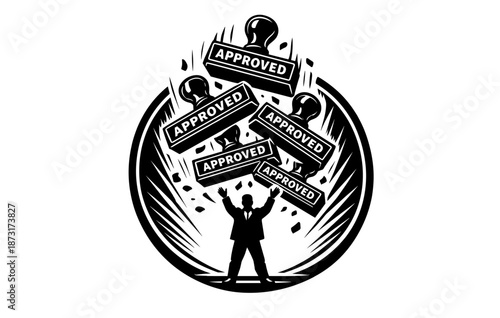 Silhouette of businessman celebrating multiple stamp approvals