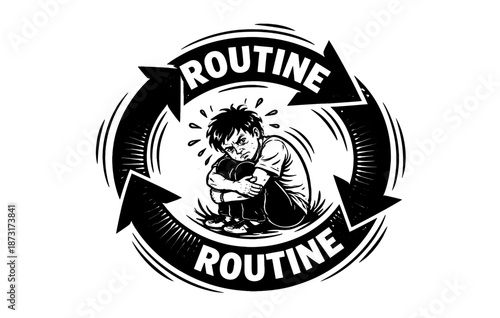 Emotional stress concept: young male trapped in anxiety routine cycle