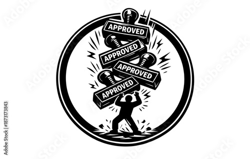 Silhouette of person balancing multiple approved stamps and light bulbs in oval frame