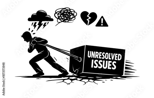 Man pulling heavy box of unresolved issues with stress symbols