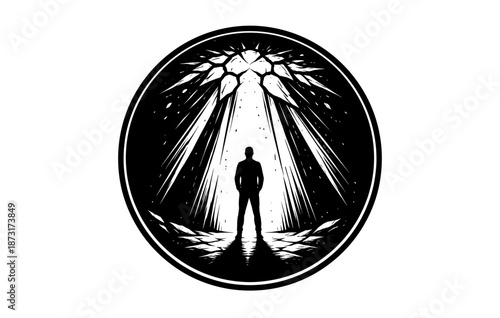 Silhouette of a person under radiant light rays in circular frame