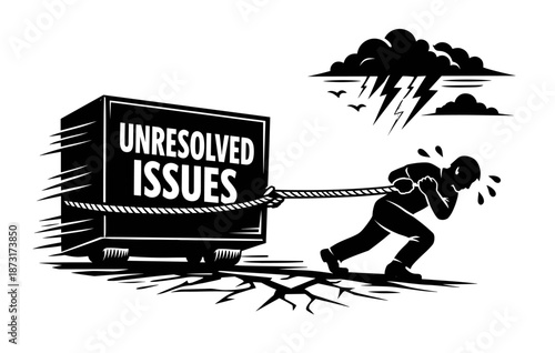 Person struggling to pull heavy cart symbolizing life's unresolved issues