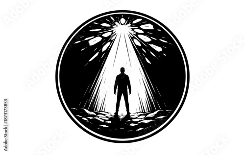 Silhouette of man in mysterious light beam from sky in black and white illustration