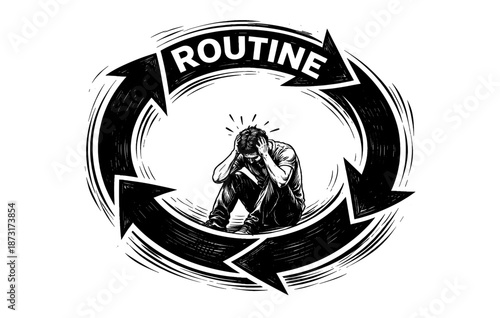 Stressed person trapped in overwhelming routine cycle conceptual artwork