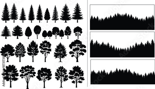 Set of black tree silhouettes and forest landscapes including evergreen pines and deciduous oaks for nature vector graphics and outdoor designs