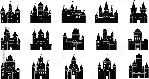 Set of Black Medieval Castle Silhouettes Featuring Gothic Towers Fortified Walls and Royal Palaces for Historical Heritage Fantasy Gaming and Architecture Design