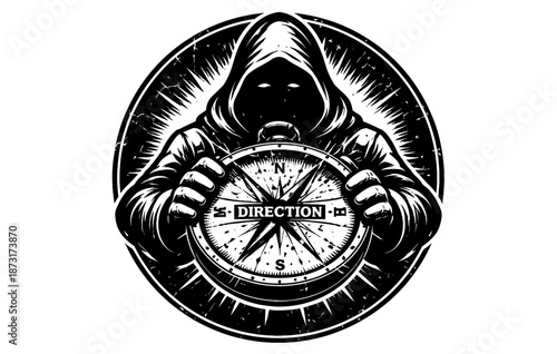 Hooded figure holding compass embraces spiritual journey symbol in monochrome design