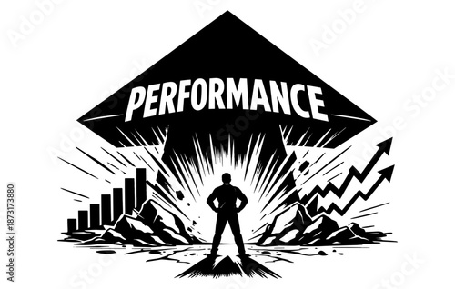 Silhouette of strong individual boosting business performance with rising graphs