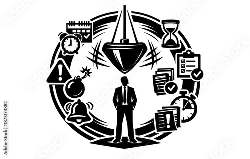Time management concept with male silhouette and work symbols