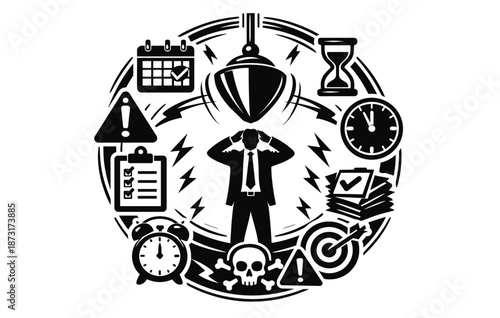 Silhouette of person surrounded by stress symbols highlighting work pressure