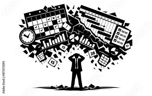 Overwhelmed businessman surrounded by schedules and deadlines in black and white illustration