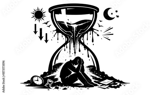 Silhouette of stress and time pressure with melting hourglass and distressed male figure