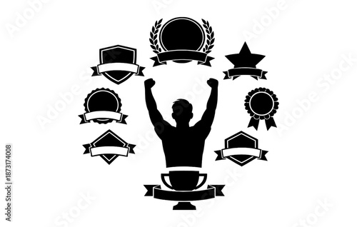 Silhouette of victorious person surrounded by trophies and badges