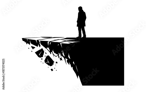 Silhouette of adult male on crumbling cliff edge in monochrome art
