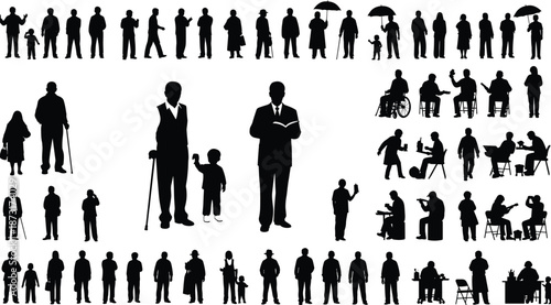 Mega collection of people silhouettes including businessmen, children, elderly, disabled individuals, and daily life activities isolated on a white background