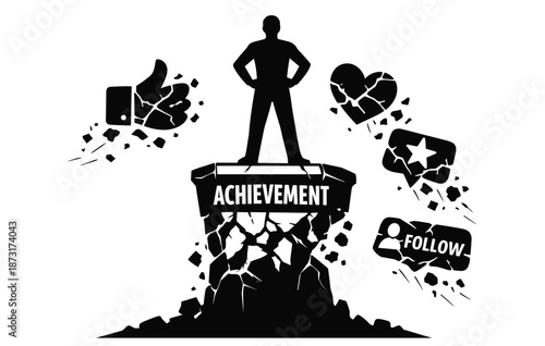 Silhouette of a person with symbols of social media achievement and engagement