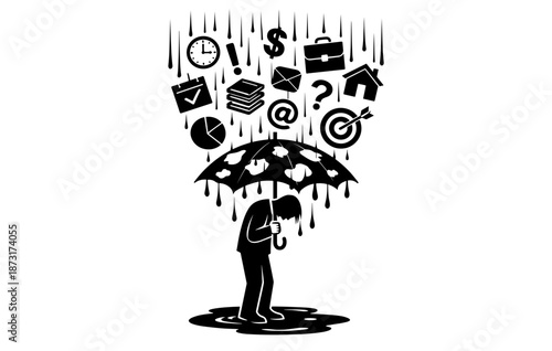 Stressed male under umbrella of overwhelming office tasks and responsibilities