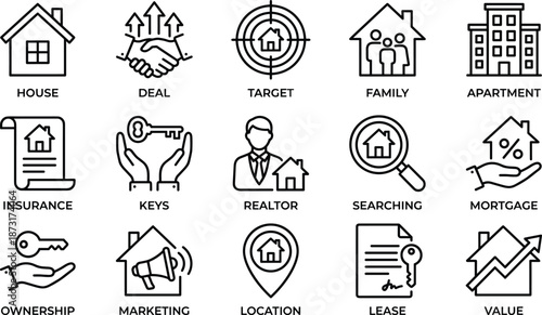 Real estate and property line icons set featuring house, deal, mortgage, realtor, insurance, ownership, leasing, value concepts