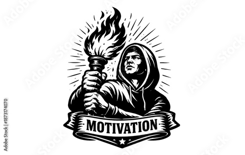 Hooded figure holding torch symbolizing strength and motivation