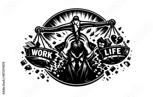 Balancing work and life: stressful choices illustrated in black and white