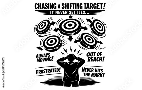 Frustrated man struggles to hit constantly moving targets in challenge illustration