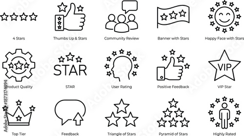 Rating and review line icons set featuring stars, feedback, quality, user satisfaction, VIP, positive community evaluation concepts