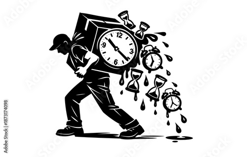 Silhouette of man carrying clock burden with melting hourglasses