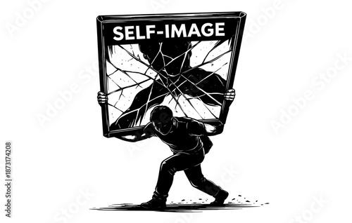 Male figure carrying broken mirror reflecting self-image struggle