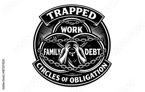 Trapped in circles of obligation: work, family, debt symbolized by chains and male figure