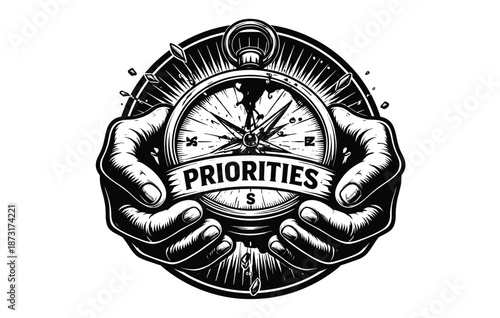 Time management concept with hands holding vintage compass prioritizing goals