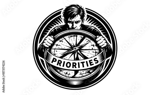 Monochrome illustration of determined male holding compass with 'priorities' banner