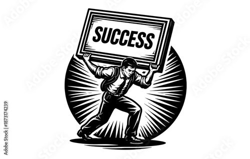 Determined male lifting success sign in bold black and white artwork