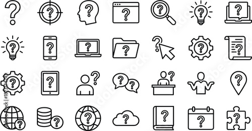 Question mark line icons set, help support inquiry symbols, problem solving, faq, search, learning, business, technology, outline vector collection, design