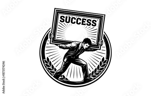 Illustration of determined male carrying success banner with sunburst design