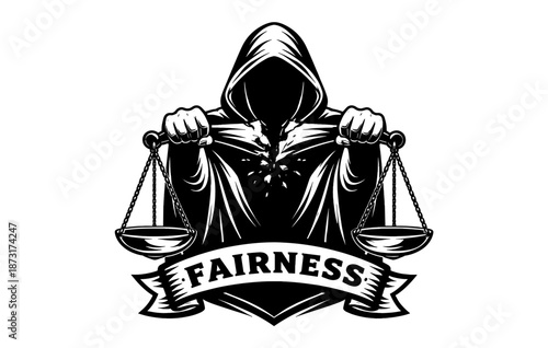 Hooded figure holding scales of justice symbolizing fairness and equality
