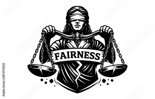 Blindfolded justice figure holding scales with fairness text