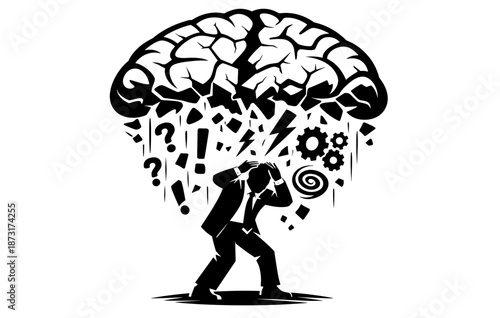Overwhelmed businessman under stressful brainstorm with abstract elements