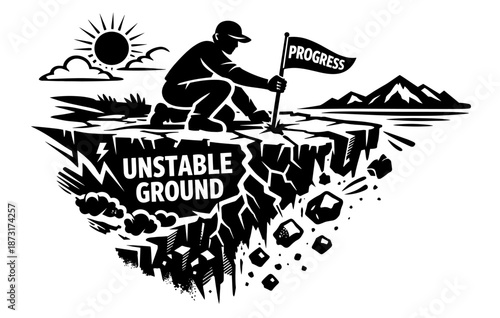 Person navigating unstable ground symbolizing progress and challenge
