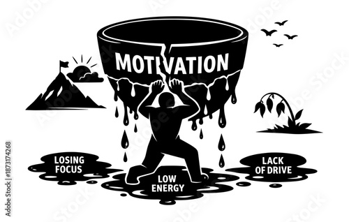 Silhouette struggling with motivation and low energy in nature setting